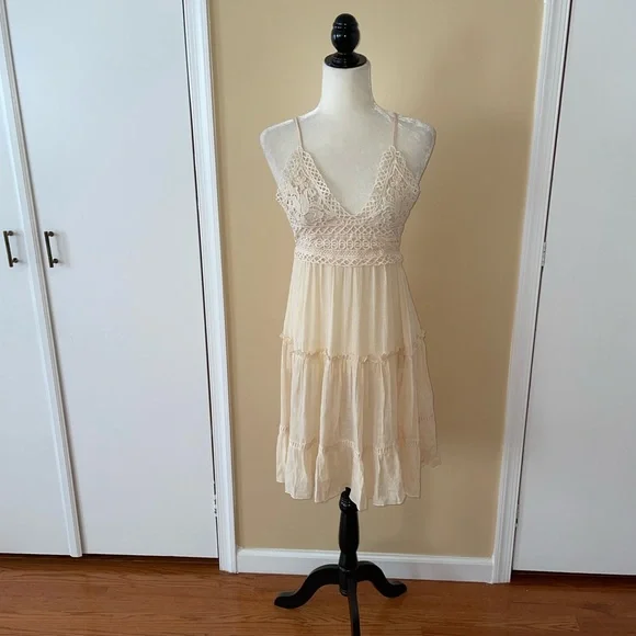 Beige Crochet Top Backless Mini Beach Coverup Dress - Picture 3 of 11